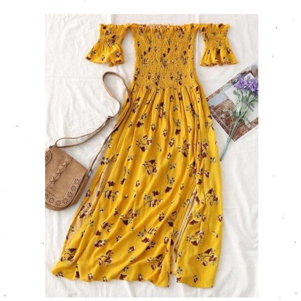 ZAFUL Smocked Slit Floral Off Shoulder Dress